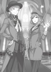  1boy 1girl ;) beret bow bowtie checkered_floor greyscale hand_on_own_hip hat highres indoors jacket long_sleeves looking_at_viewer miniskirt monochrome novel_illustration official_art one_eye_closed ootsuka_shin'ichirou pants pantyhose pencil_skirt re:zero_kara_hajimeru_isekai_seikatsu sakura_element shirt short_hair skirt smile standing striped_clothes striped_pantyhose swept_bangs third-party_source tiga_rauleon vertical-striped_clothes vertical-striped_pantyhose waving 