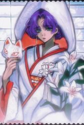  1girl alternate_costume bindi chinese_commentary commentary_request earrings flower fox_mask green_eyes happy2ni highres himemiya_anthy holding holding_mask hood hood_up japanese_clothes jewelry kimono mask purple_hair shiromuku shoujo_kakumei_utena solo uchikake white_flower white_kimono white_lily 