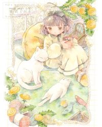  1girl black_bow black_hairband blush_stickers bow brown_hair buttons cat cat_teaser closed_mouth collared_shirt commentary_request contrast_collar cup dress flower fur-trimmed_slippers hairband highres holding holding_cup hot_chocolate indoors long_dress long_sleeves medium_hair mug mura_(yoshishi_ff) original painting_(medium) puffy_long_sleeves puffy_sleeves shirt sitting slippers smile solo tareme traditional_media watercolor_(medium) watermark white_cat wing_collar yarn yarn_ball yellow_dress yellow_eyes yellow_flower yellow_slippers 