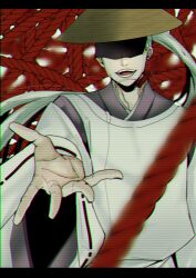  1boy ajirogasa black_lips commentary_request earrings grey_hair hat issa_(omusubi) japanese_clothes jewelry kariginu long_hair male_focus mame0708 omusubi_(game) open_mouth outstretched_arm outstretched_hand ponytail reaching reaching_towards_viewer smile solo string string_of_fate tassel tassel_earrings wide_sleeves 