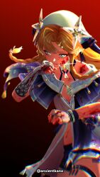  1girl anxient artist_name blonde_hair blood blood_on_hand braid bridal_gauntlets clenched_hand commentary english_commentary fighting_stance green_eyes highres sigrika_(wuthering_waves) solo thigh_strap wiping_blood wiping_face wuthering_waves 