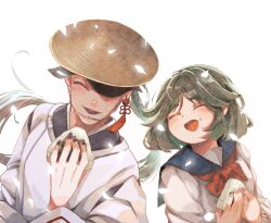 1boy 1girl ajirogasa black_lips closed_eyes commentary_request earrings food food_on_face green_hair hat highres hinako_(omusubi) issa_(omusubi) japanese_clothes jewelry kariginu matsukuzu nail_polish omusubi_(game) onigiri plump rice rice_on_face short_hair tassel tassel_earrings 