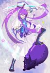  bad_id blue_eyes eggplant fan kamui_gakupo long_hair male ponytail purple_hair sakumi solo sword vocaloid weapon 