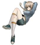  amane_suzuha bike_shorts blonde_hair braid brown_hair crossed_legs_(lying) eroquis green_eyes latex legs lying navel shoes sneakers socks steins;gate tomboy track_jacket tube_socks twin_braids 