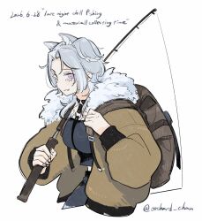  1girl adjusting_strap animal_ears aqua_eyes artist_name backpack bag blush breasts brown_coat chest_harness coat commentary cross-shaped_pupils dated elira_pendora elira_pendora_(goth) english_text fang fishing_rod from_side fur-trimmed_coat fur_trim grey_hair harness heterochromia highres holding holding_fishing_rod large_breasts looking_at_viewer midriff nijisanji nijisanji_en nose_blush orchard_chan simple_background skin_fang solo symbol-shaped_pupils twitter_username typo untranslatable_commentary violet_eyes virtual_youtuber white_background wolf_ears 