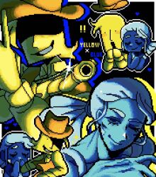  ! !! 2boys 9aaaalt29 blue_(deltarune) blue_hair blue_skin blush brown_hat character_name closed_eyes closed_mouth colored_skin commentary cowboy cowboy_hat deltarune grin gun hat highres holding holding_gun holding_weapon looking_at_viewer male_focus multiple_boys one_eye_closed open_mouth pixel_art shaded_face short_hair smile teeth utdr_(toby_fox) weapon yellow_(deltarune) yellow_skin 