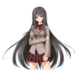  1girl black_eyes black_hair blazer blush bow breasts divine_heart_makina game_asset jacket jewelry kagemusya kurusu_makina_(divine_heart_makina) large_breasts large_variant_set long_hair looking_at_viewer necklace non-web_source official_art plaid_clothes plaid_skirt pleated_skirt sad school_uniform self-datamine simple_background skirt solo tachi-e tears transparent_background variant_set very_long_hair 