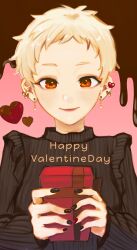 1girl blonde_hair blush box brown_nails brown_sweater chocolate closed_mouth commentary_request ear_piercing earrings english_text eyelashes fingernails gift gift_box happy_valentine heart highres holding holding_box holding_gift idolmaster idolmaster_cinderella_girls jewelry lips long_sleeves multicolored_nails nail_polish orange_eyes piercing pink_background pixie_cut red_nails senzaki_ema short_hair smile solo sweater two-tone_nails upper_body valentine very_short_hair yaoya315 