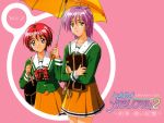  90s album_cover bag blue_eyes bow cover green_eyes hinomoto_hikari kokura_masashi multiple_girls official_art open_mouth orange_dress pleated_skirt purple_hair red_hair scan school_bag school_uniform short_hair skirt smile tokimeki_memorial tokimeki_memorial_2 umbrella wet wet_clothes yae_kaori 