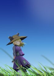  1girl absurdres animal_print arms_behind_back blonde_hair blue_sky blush brown_hat closed_mouth commentary_request day dot_nose frog_print gasubanana grass hair_between_eyes hair_ribbon hand_on_own_arm hat highres legs_together long_sleeves medium_hair moriya_suwako no_lineart outdoors purple_skirt purple_vest ribbon shirt skirt sky smile solo split_mouth standing thigh-highs touhou tress_ribbon vest white_shirt white_thighhighs wide_shot wind 