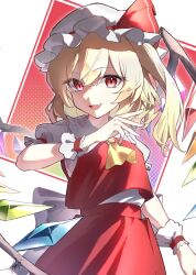  1girl absurdres ascot back_bow blonde_hair bluerhozu bow collared_shirt commentary_request crystal crystal_wings fang flandre_scarlet frilled_shirt_collar frilled_wrist_cuffs frills hat hat_ribbon highres looking_at_viewer mob_cap multicolored_wings one_side_up open_mouth puffy_short_sleeves puffy_sleeves red_eyes red_skirt red_vest red_wrist_cuffs ribbon shirt short_sleeves signature skin_fang skirt skirt_set smile solo touhou vest white_bow white_hat white_shirt wings wrist_cuffs yellow_ascot 