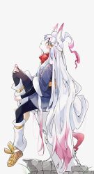  akari_(pokemon) animal_ears cocoa_s3 fox_ears fox_girl fusion highres hisuian_zoroark japanese_clothes kimono leg_warmers long_hair obi pantyhose personification pokemon pokemon_legends:_arceus sandals sash very_long_hair white_hair white_leg_warmers yellow_eyes zoroark 