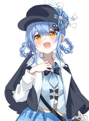  1girl :d bag bird_hat_ornament black_bag black_bow black_bowtie black_capelet black_hat blue_hair blue_necktie blue_skirt bow bowtie braid braided_hair_rings capelet collared_shirt commentary_request deerstalker grey_vest hair_bow hair_rings hand_on_own_chest hat hat_bow highres long_sleeves mahou_shoujo_no_majo_saiban making-of_available necktie open_mouth plaid_clothes plaid_skirt shirt short_hair simple_background skirt smile solo tachibana_sherry vest white_background white_shirt yellow_eyes yoru_(user_vewa8437) 