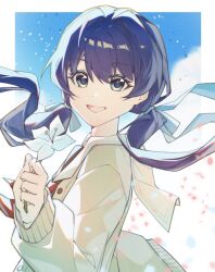  1girl blue_background blue_sky border brown_dress cardigan chinese_commentary clouds commentary_request day dress hasu_no_sora_school_uniform highres long_sleeves looking_at_viewer love_live! love_live!_hasu_no_sora_jogakuin_school_idol_club murano_sayaka neckerchief open_cardigan open_clothes outside_border red_neckerchief ruoguiling sailor_collar sailor_dress school_uniform sky solo textless_version virtual_youtuber white_border white_cardigan white_sailor_collar winter_uniform 