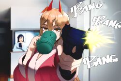  1boy 1girl aiming alternate_breast_size_(larger) black_hair blonde_hair breasts chainsaw_man cup drinking firing flower gun hair_between_eyes hair_down handgun hayakawa_aki highres holding holding_cup holding_gun holding_weapon large_breasts long_hair opalis orange_eyes pink_flower pink_rose power_(chainsaw_man) rose surprised very_long_hair weapon 