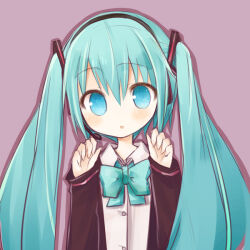  1girl :o amakaze_sora black_jacket blue_bow blue_eyes blue_hair blush bow collared_shirt commentary_request dress_shirt hair_between_eyes hands_up hatsune_miku headset jacket long_hair long_sleeves looking_at_viewer parted_lips purple_background shirt simple_background sleeves_past_wrists solo upper_body vocaloid white_shirt 