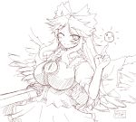  ;) arm_cannon bangs blush bow breasts brown cape gekkou_ookami greyscale hair_bow impossible_clothes impossible_shirt large_breasts long_hair looking_at_viewer monochrome parted_bangs reiuji_utsuho shirt simple_background sketch skirt smile solo third_eye touhou weapon white_background wings wink 