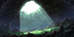  cave cave_interior day flower game_asset grass highres no_humans outdoors rock scenery sunlight third-party_source touhou touhou_lostword yellow_flower 