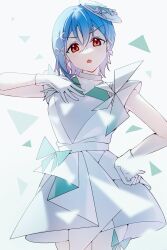  1girl :o arm_up blue_hair commentary_request cowboy_shot dress gloves hand_on_own_chest hand_on_own_hip highres looking_at_viewer love_live! love_live!_superstar!! open_mouth red_eyes ruoguiling short_dress short_sleeves solo special_color_(love_live!) v-shaped_eyebrows wakana_shiki white_dress white_gloves 