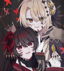  2girls black_coat black_gloves black_hair black_horns black_shirt blonde_hair bug butterfly coat collared_shirt commentary_request cracked_skin crown curtained_hair diamond_(shape) diamond_facial_mark diamond_hair_ornament epaulettes extra_eyes extra_horns facial_mark fingerless_gloves fingernails flower gloves hair_flower hair_ornament hasumi_leia highres horns long_fingernails long_hair long_sleeves looking_at_viewer mahou_shoujo_no_majo_saiban mini_crown mitobari multiple_girls nikaido_hiro red_butterfly red_eyes red_flower sharp_fingernails shirt short_hair smile spoilers torn_clothes torn_gloves white_gloves white_shirt witch_(manosaba) yellow_eyes 