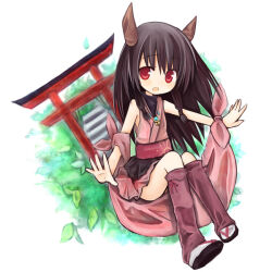  1girl amakaze_sora bare_shoulders black_hair black_sandals commentary_request full_body horns japanese_clothes kimono long_hair looking_at_viewer open_mouth original pink_kimono pink_skirt pleated_skirt red_eyes sandals simple_background skirt sleeveless sleeveless_kimono socks solo stairs stone_stairs tabi torii very_long_hair white_background white_socks zouri 