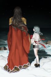  2boys 632698090 aged_down alternate_costume bishounen black_shoes blue_hair bouquet brown_hair from_behind gemini_saga highres holding holding_bouquet long_hair medium_hair multiple_boys night ocean outdoors pisces_aphrodite red_robe robe saint_seiya shirt shoes white_shirt wind 