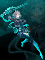  1girl absurdres animal_ears badge belt_pouch black_bodysuit black_jacket black_shorts blue_eyes blue_gloves bodysuit breasts button_badge commentary_request cropped_jacket fake_animal_ears gloves grey_hair hair_ornament highres holding holding_sword holding_weapon icey icey_(game) jacket large_breasts pouch shiki_shiri shorts sword thighs weapon zoom_layer 