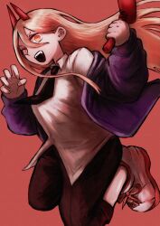  1girl black_necktie black_pants chainsaw_man claw_pose collared_shirt commentary_request demon_girl demon_horns fingernails hair_between_eyes hammer highres holding holding_hammer horns jacket long_hair long_sleeves necktie off_shoulder open_clothes open_jacket open_mouth pants pink_background pink_hair power_(chainsaw_man) purple_jacket rara_(user_hmrm3822) red_horns ringed_eyes sharp_teeth shirt shoelaces shoes simple_background single_claw_pose smile solo teeth upper_teeth_only white_shirt white_shoes yellow_eyes 