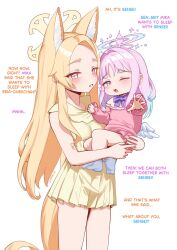  2girls aged_down animal_ear_fluff animal_ears blonde_hair blue_archive blush carrying carrying_person dress english_text fox_ears fox_girl fox_tail halo highres linear_71 long_hair looking_at_viewer mika_(blue_archive) multiple_girls one_eye_closed open_mouth pink_hair pink_halo reaching reaching_towards_viewer seia_(blue_archive) simple_background tail white_background white_wings wings yellow_dress yellow_eyes yellow_halo 