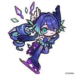  1girl aqua_hair blue_eyes blue_gloves blue_hair blue_thighhighs closed_mouth commentary copyright_name copyright_notice deformed dot_nose drill_hair elbow_gloves english_commentary full_body gloves gradient_hair gradient_thighhighs heterochromia highres izigenia mi-mi-o multicolored_hair official_art ruridori_kafka second-party_source simple_background skates smile solo thigh-highs twin_drills virtual_youtuber white_background 