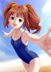  beach brown_hair depth_of_field flat_chest foreshortening green_eyes idolmaster loli long_hair one-piece_swimsuit outstretched_arms perspective ponnetsu school_swimsuit solo swimsuit takatsuki_yayoi twintails 