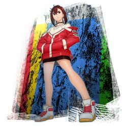  1girl artist_request ayase_momo bare_legs black_choker black_skirt brown_eyes brown_hair choker closed_mouth collarbone crossed_bangs dandadan earrings floating_earrings full_body game_asset grand_summoners hair_behind_ear hair_between_eyes hands_in_pockets jacket jewelry legs long_sleeves medium_hair microskirt miniskirt official_alternate_costume official_art red_eyes red_jacket serious shirt shoes short_hair simple_background skirt sneakers solo standing thighs third-party_source track_jacket transparent_background white_shirt 