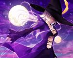  cleavage feathers green_eyes hat hat_feather mabinogi moon navel nishiwaki_yuuri silver_hair staff weapon witch witch_hat 