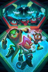  4boys absurdres arthropod_boy bee_boy bee_wings bracelet building chain chameleon_tail charmy_bee city commentary crocodile_boy crocodilian_tail dr._eggman egg_pawn english_commentary espio_the_chameleon evil_smile furry furry_male gloves glowing glowing_eyes gold_chain highres holding holding_shuriken holding_weapon insect_wings jewelry looking_at_viewer male_focus multiple_boys night open_mouth robot shoes shuriken skyscraper smile sonic_(series) sonic_heroes spacecolonie sparkling_eyes tail team_chaotix_(sonic) teeth tongue vector_the_crocodile weapon white_gloves wings 