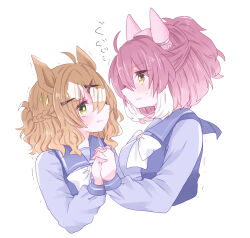  2girls ahoge animal_ears blush bow bowtie breasts brown_eyes brown_hair commentary_request cropped_torso dantsu_flame_(umamusume) ear_covers hair_between_eyes hair_ornament hairband hairclip highres holding_hands horse_ears horse_girl jewelry jungle_pocket_(umamusume) large_breasts long_sleeves medium_hair multicolored_hair multiple_girls notched_ear parted_lips pink_hairband purple_sailor_collar purple_shirt reya_p_d3 sailor_collar sailor_shirt school_uniform shirt simple_background small_breasts tracen_school_uniform umamusume white_bow white_bowtie white_hair yellow_eyes 