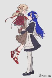  2girls absurdres apron black_dress black_shoes blonde_hair blue_eyes blue_hair blush braid braided_bangs brown_dress carrying carrying_person cloak colored_inner_hair dress from_side full_body grey_background hair_intakes hair_ornament highres hug hug_carry juliet_sleeves kiperina leg_ribbon long_hair long_sleeves looking_at_another low_ponytail mary_janes medium_dress mossi_(mossi0816) multicolored_hair multiple_girls neckerchief open_mouth pantyhose ponytail profile puffy_sleeves red_cloak red_neckerchief red_ribbon red_shoes reverse:1999 ribbon school_uniform shoes smile soviet_school_uniform star_(symbol) star_hair_ornament twitter_username voyager_(reverse:1999) white_apron white_pantyhose 