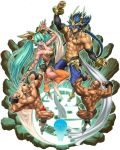  adon benten benten_(cho_aniki) blue_hair bracelet cho_aniki earrings green_hair highres idaten jewelry manly muscle necklace official_art ornament pointy_ears samson 