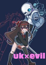  1boy 1girl asymmetrical_legwear bandaid bandaid_on_arm bandaid_on_knee bandaid_on_leg black_cardigan black_sclera black_shorts black_socks black_thighhighs blue_eyes blue_hoodie blue_jacket blue_shirt blue_skirt bow bowtie broken_heart broken_heart_hair_ornament brown_hair brown_shoes cardigan character_name colored_sclera commentary_request crossover evil_neuro-sama evil_neuro-sama_(1st_costume) full_moon grin hair_between_eyes hair_ornament hair_ribbon heart heart_hair_ornament highres holding holding_lead_pipe hood hood_down hoodie horns jacket lead_pipe long_hair looking_at_viewer miniskirt moon one_eye_closed pink_slippers pleated_skirt qianyunyanya red_bow red_bowtie red_eyes red_horns red_ribbon ribbon sans_(undertale) shirt shoes shorts single_sock single_thighhigh skeleton skirt slippers smile socks standing teeth thigh-highs two_side_up undertale uneven_legwear utdr_(toby_fox) vedal_ai virtual_youtuber white_shirt zoom_layer 