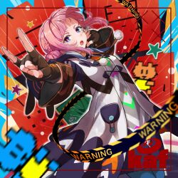  1girl \m/ animal_ear_hood black_gloves blue_background blue_eyes blue_hood blue_pantyhose blurry blurry_foreground blush braid breasts brown_coat caution_tape character_name coat commentary_request fingerless_gloves fingernails gloves hair_bun highres hood hooded_coat kaf_(kamitsubaki_studio) kamitsubaki_studio looking_at_viewer medium_hair multicolored_eyes open_mouth pantyhose pink_hair pink_nails pom_pom_(clothes) purple_coat red_pupils shirt short_sleeves solo teeth upper_teeth_only virtual_youtuber white_coat white_shirt yadokari_159m yellow_pupils 