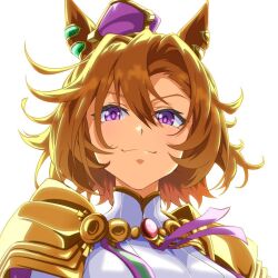  1girl animal_ears armor breasts closed_mouth crown hair_between_eyes horse_ears horse_girl looking_at_viewer mini_crown orange_hair portrait purple_crown purple_ribbon ribbon shirt short_hair shoulder_armor simple_background smile solo t.m._opera_o_(o_sole_suo!)_(umamusume) t.m._opera_o_(umamusume) umamusume violet_eyes white_background white_shirt zukki_(bijitaru) 