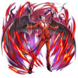  1boy artist_request black_gloves black_hair black_shoes black_wings claws collared_shirt demiurge_(overlord) demon_boy demon_tail demon_wings earrings fantasy floating floating_clothes full_body game_asset gloves grand_summoners hair_slicked_back jewelry long_sleeves male_focus multiple_earrings necktie official_art open_mouth orange_necktie orange_suit outstretched_arms overlord_(maruyama) pinstripe_pattern pinstripe_suit pointy_ears red_aura shirt shoes short_hair simple_background smile solo suit tail talons teeth third-party_source transparent_background upper_teeth_only white_shirt wings 