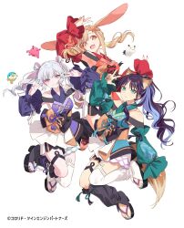 3girls animal_ears armpits blonde_hair blue_eyes blue_hair blue_nails cho_kaguya-hime! closed_mouth clothing_cutout commentary_request detached_sleeves double_v drill_hair fang fushi_(cho_kaguya-hime!) green_eyes hechima_(issindotai) highres kaguya_(cho_kaguya-hime!) kaguya_(tsukuyomi)_(cho_kaguya-hime!) long_hair multiple_girls nail_polish official_artist_extra open_mouth ponytail purple_hair rabbit_ears rabbit_girl runami_yachiyo runami_yachiyo_(tsukuyomi) sakayori_iroha sakayori_iroha_(tsukuyomi) shoulder_cutout simple_background toenail_polish toenails twin_drills v white_background 