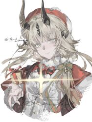  1girl absurdres arknights blonde_hair box cape chinese_commentary christmas_present closed_mouth commentary_request commission cropped_torso dragon_girl dragon_horns extra_horns gift gift_box glint green_eyes hat highres holding holding_gift horns kong_ming_kmmo long_hair looking_at_viewer neck_ribbon object_floating_above_hand official_alternate_costume pom_pom_(clothes) red_cape red_hat red_ribbon reed_(arknights) reed_the_flame_shadow_(arknights) reed_the_flame_shadow_(glowing_flame_in_the_night)_(arknights) ribbon sample_watermark smile solo upper_body watermark white_background 