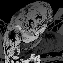  1boy amputee antennae bald blood blood_from_mouth blood_on_arm blood_on_face commentary dirty dirty_face dougi dragon_ball dragon_ball_super dragon_ball_super_super_hero heavy_breathing highres implied_after_fight injury living_(nsiring) looking_at_viewer male_focus muscular muscular_male open_mouth orange_piccolo piccolo pointy_ears red_eyes solo spot_color topless_male torn_clothes untranslatable_commentary veiny_head 