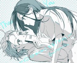  2girls braid braided_bangs commentary covering_own_mouth eye_contact face-to-face holding holding_notebook kamisaki_hikaru long_hair looking_at_another medalist_(manga) monochrome multiple_girls notebook playing_with_another's_hair sakura_no_uta123 short_hair sweatdrop yuitsuka_inori yuri 