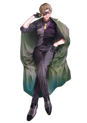  1boy absurdres bad_id bad_pixiv_id belt black_gloves black_pants black_shirt black_shoes black_vest brown_hair coat coat_on_shoulders collared_shirt crossed_legs dress_shirt eyepatch formal_clothes gloves green_coat green_eyes highres kuroi_suna male_focus mole mole_under_eye necktie nijisanji oliver_evans oliver_evans_(3rd_costume) open_mouth pants shirt shoes short_hair simple_background sitting sleeves_rolled_up solo striped_clothes striped_vest vest virtual_youtuber white_background yellow_necktie 