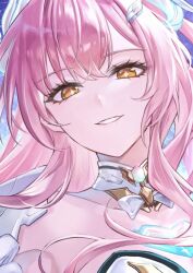  1girl aemeath_(wuthering_waves) breasts commentary_request hair_ornament long_hair looking_at_viewer medium_breasts orange_eyes parted_lips pink_hair portrait smile solo star-shaped_pupils star_(symbol) symbol-shaped_pupils tacet_mark_(wuthering_waves) unfinished wuthering_waves yoru_shiki 