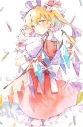 1girl back_ribbon blonde_hair blush closed_mouth crystal_wings flandre_scarlet from_behind hat highres holding looking_at_viewer mob_cap non-web_source painting_(medium) puffy_short_sleeves puffy_sleeves red_eyes red_skirt red_vest ryokotyu short_sleeves side_ponytail skirt solo traditional_media vest watercolor_(medium) white_background wings wrist_cuffs 