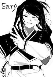  1boy absurdres batu_(tenmaku_no_jaadugar) black_hair braid braided_hair_rings character_name commentary_request cyrillic gigantea_pp hair_rings half-closed_eyes hand_on_own_hip highres layered_sleeves long_sleeves looking_at_viewer monochrome short_over_long_sleeves short_sleeves solo_focus w 