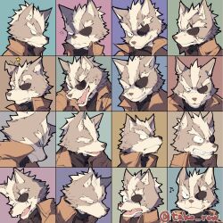  1boy anger_vein angry animal_ears annoyed clenched_teeth closed_eyes closed_mouth commentary_request eyepatch fangs furry furry_male grey_fur highres looking_at_viewer looking_to_the_side looking_up male_focus multiple_views open_mouth rio_717 smile star_fox surprised sweatdrop teeth twitter_username wide-eyed wolf_boy wolf_ears wolf_o'donnell 